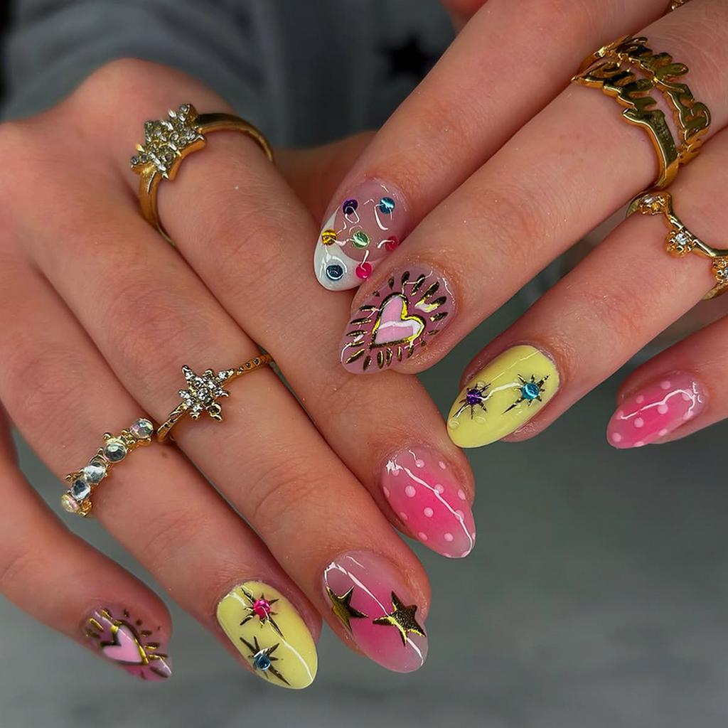 24PCS Purple Cat Eye French Fake Nails Aurora Golden Star Pattern Almond Press On Nails Full Cover Fashion 3D Ripple False Nails