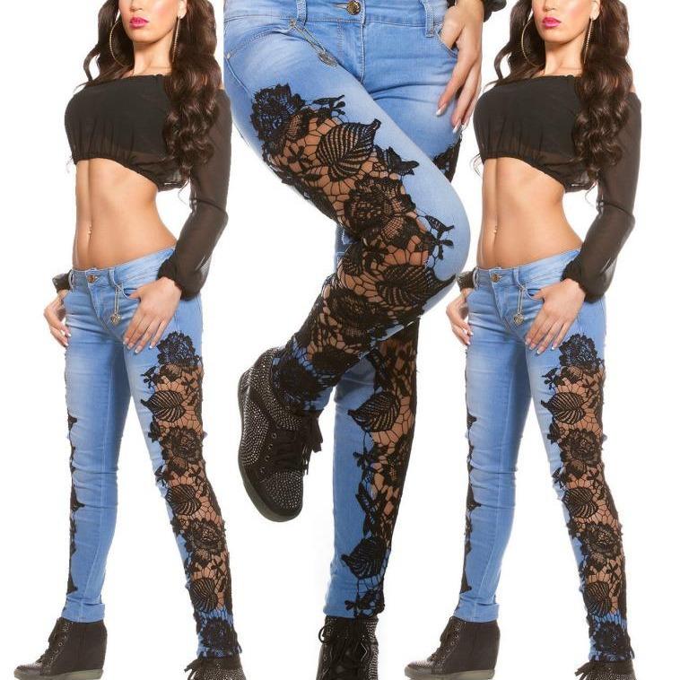 Fashion Lace Floral Crochet Hollow-Out Jeans Women Elegant Sexy Denim Pencil Skinny Jeans Woman Plus Size