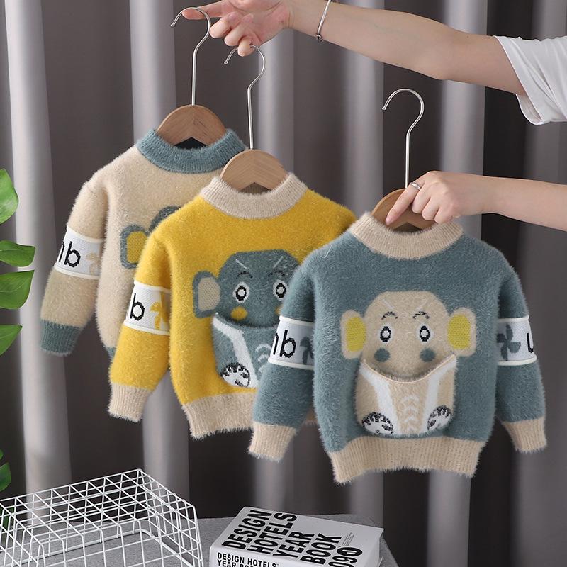 Boys' Autumn/Winter Thick Knit Velvet Sweater, Toddlers & Young Boys, Woolen Outerwear
