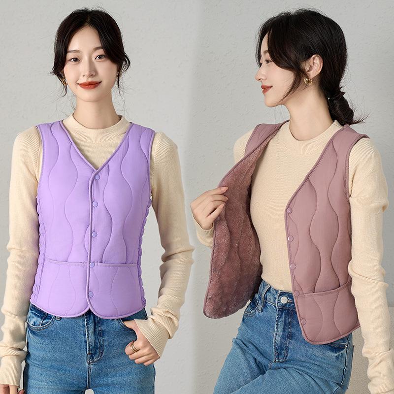 Women's V-Neck Slim Short Down Cotton Vest with Warm Velvet Inner Layer - 2026 Autumn/Winter Collection