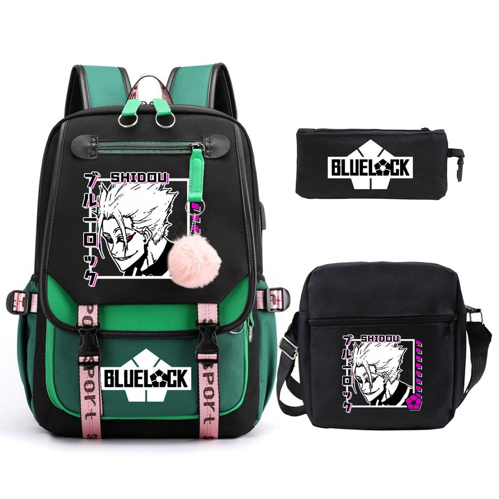 Blue Prison Student School Bag Large Capacity Children'S Shoulder Bag Casual Pencil Bag Set