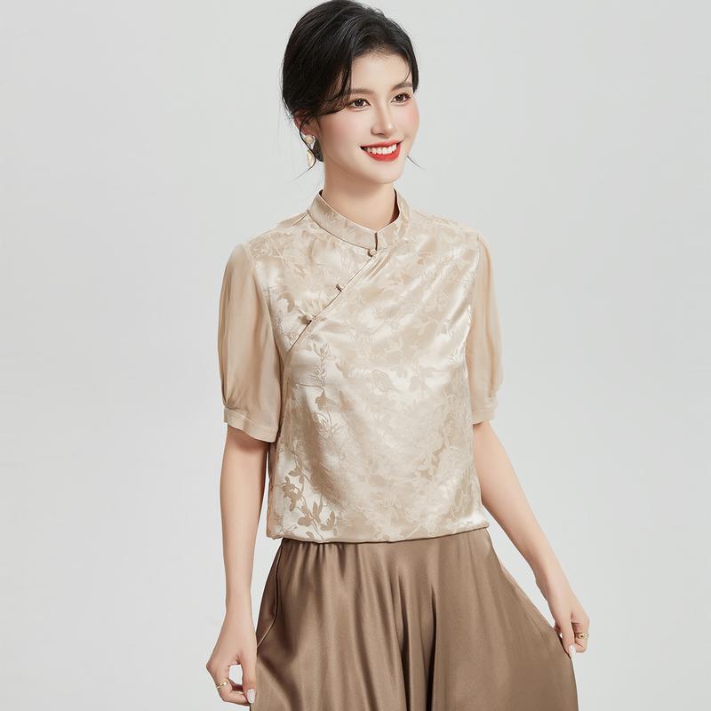 Jacquard Silk Top Women's 100 Mulberry Silk Short Sleeved Spring and Summer Solid Color Breathable Slanted Placket Button Design T-shirt