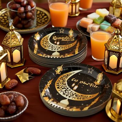Luxury Ramadan Gold Black Moon Phase Disposable Plates Elegant Iftar Dinnerware for Eid Mubarak Celebration and Special Event