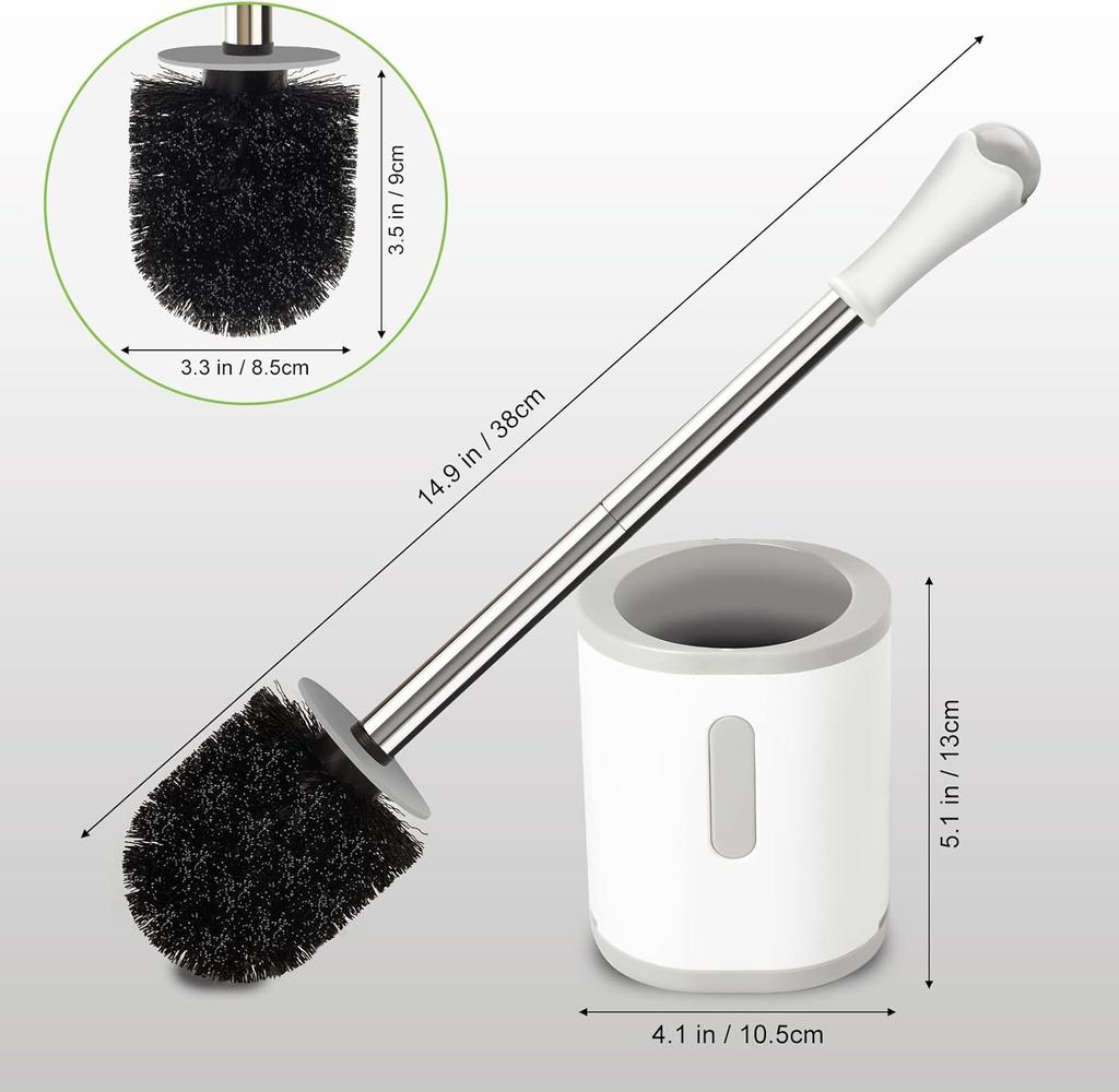 Compact Toilet Brush Holder Stainless Steel Handle Space Saving For Storage Deep Cleaning Drip-Proof Easy To Assemble Nylon Bristles White Grey