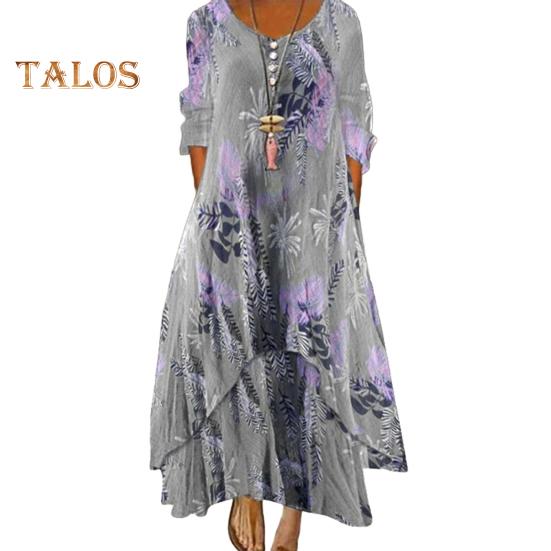 

Платье весна-осень с карманами, винтажным цветочным принтом, V-образным вырезом, неровным многослойным подолом, свободное платье макси А-силуэта для повседневной работы и вечеринки XL серый