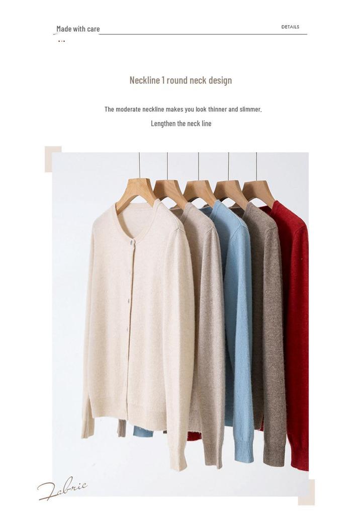 Women's Long Sleeve Cashmere Cardigan - Plain Round Neck Knitwear for Autumn/Winter