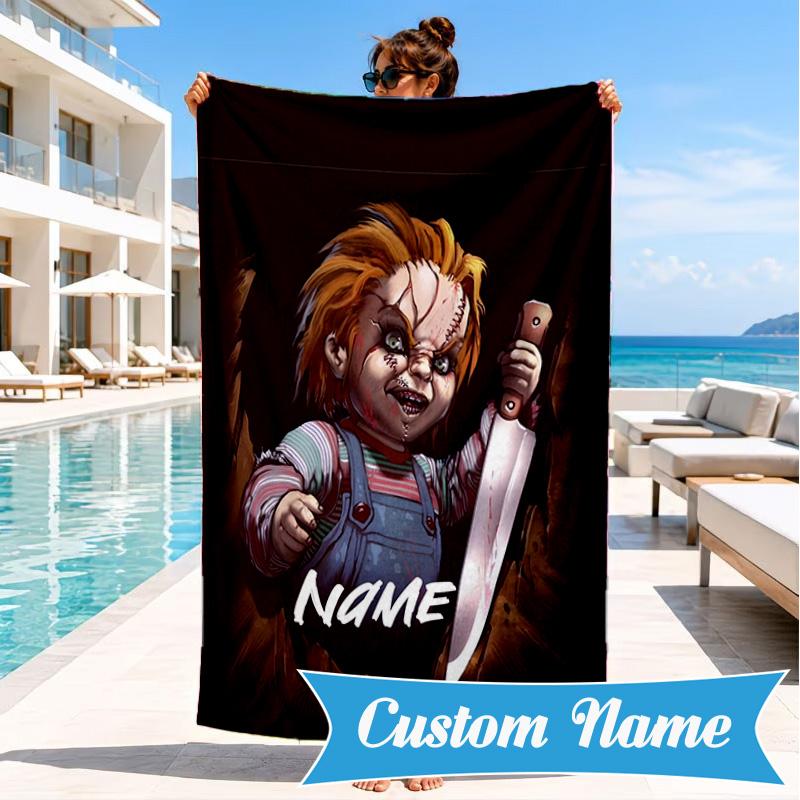 Custom Name Chucky's Bloody Tale Beach Towel Microfiber Beach Towel, Lightweight and Quick-Dry, for Summer Travel, Swimming Pool Gift