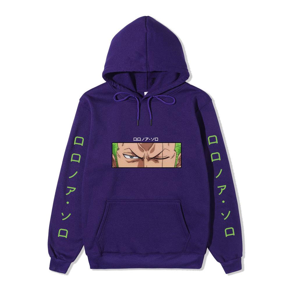 One Piece Roronoa Zoro Hoodie, Double Side Sleeve Japanese Text Printed Pullover Hooded Sweatshirt Anime Long Sleeve Streetwear Hoodie