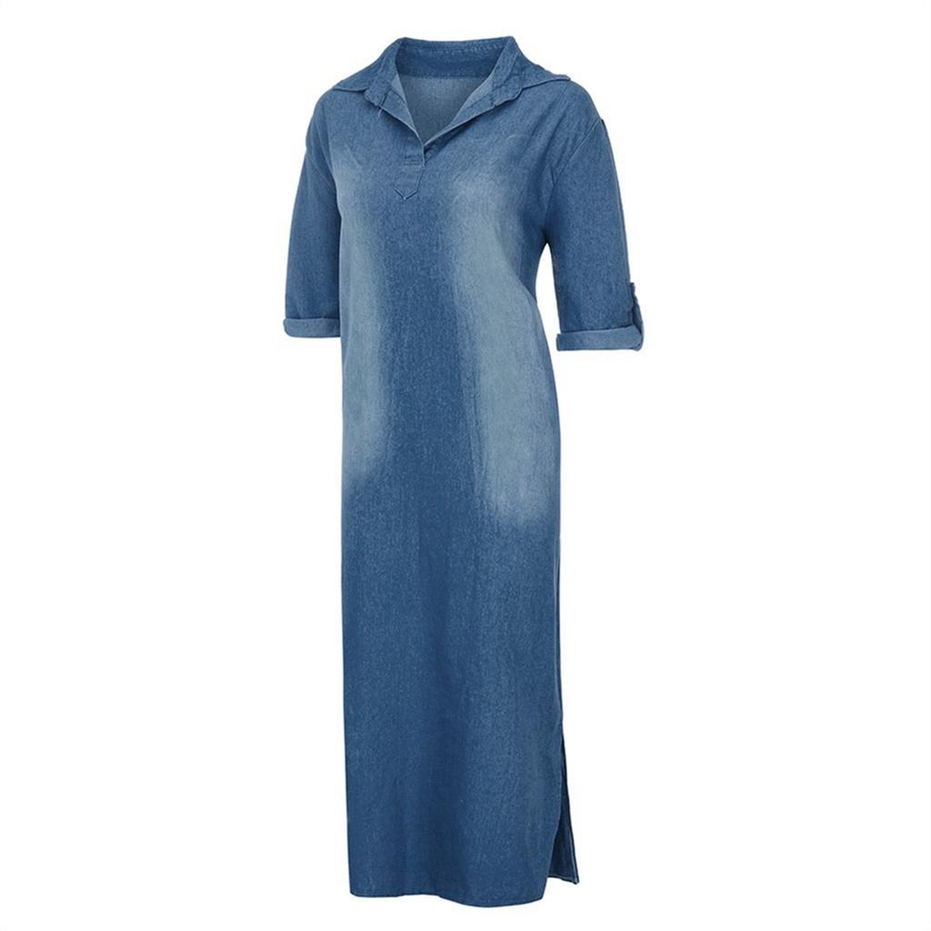 Women Lmitation Cowboy Short Sleeve Fashion V-Neck Length Dress