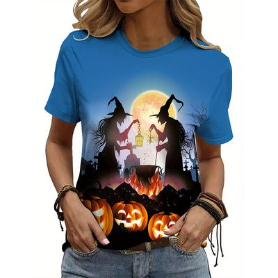 Damen T-Shirt mit Rundhalsausschnitt und kurzen Ärmeln, bedruckt, Hexe, übergroß, lockeres Oberteil für den Sommer, lässig, atmungsaktiv, kurze Ärmel