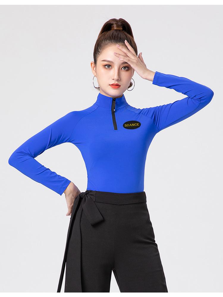 Women's Long Sleeve Zipper High Collar Latin Dance Tops for Autumn and Winter Training