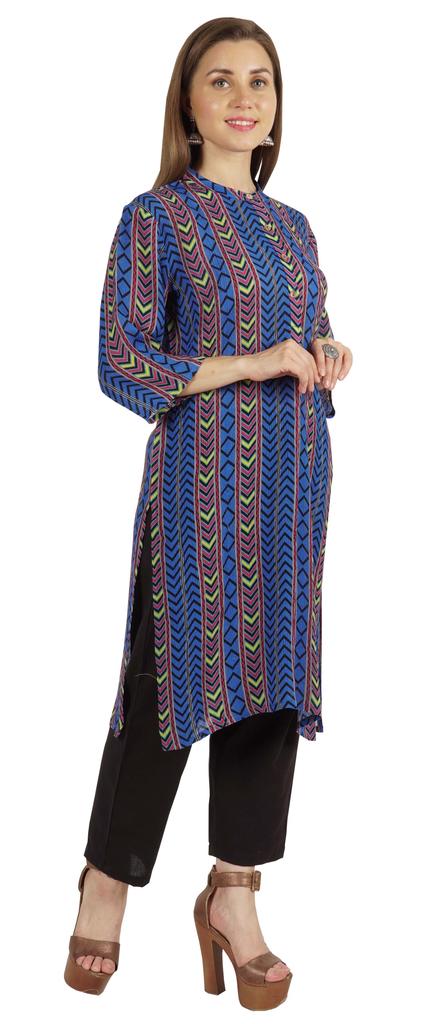 Moomaya Printed Womens Kurti 3 4 Sleeve Mandarin Collar Straight Kurta Soft Summer