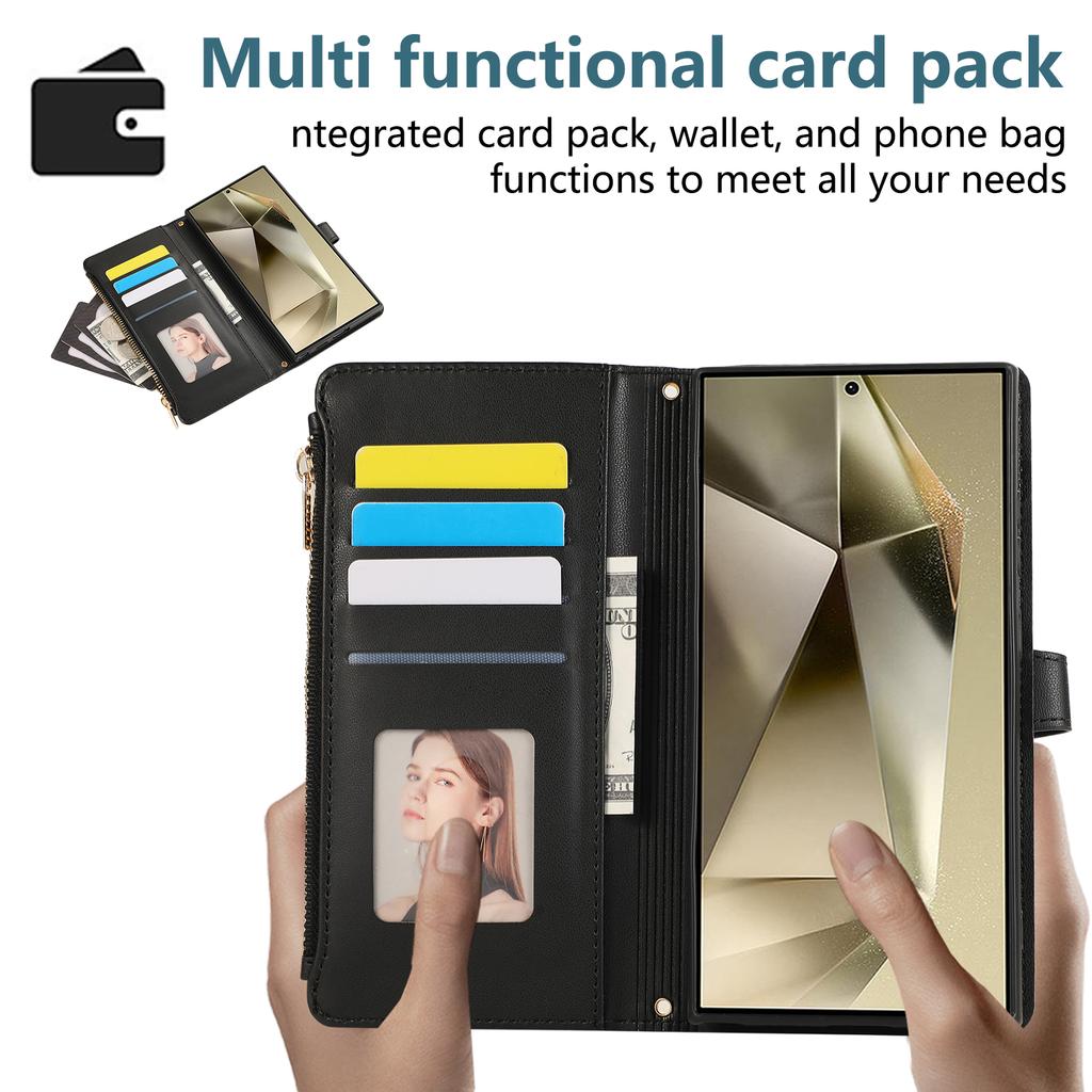 For Samsung Galaxy S24 Ultra Case Multi Card Slots Zipper Rhombus Leather Phone Cover with Wrist Strap
