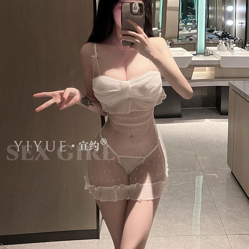 Erotic Underwear, sexy strappy nightdress, Hot and slightly dotted thin see-through seductive uniform, no-take pajamas 8645