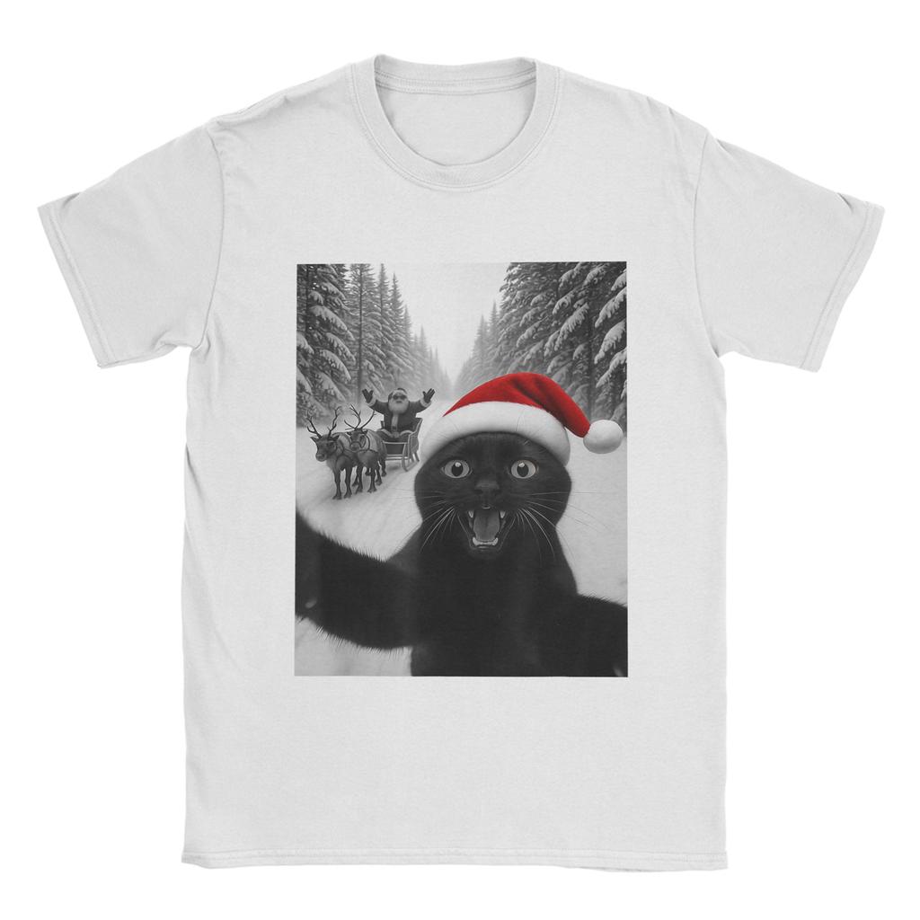 Lustiges Katzen-Selfie mit dem Weihnachtsmann Weihnachts-T-Shirts für Herren Tolle T-Shirts Kurzarm Rundhals-T-Shirts Neu eingetroffene Kleidung