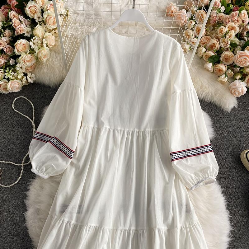 RUGOD Vestido largo con cordones y borlas con cuello en V y bordado étnico Retro para viajes y vacaciones vestido largo de temperamento de moda de manga larga