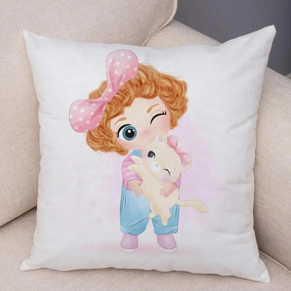 Cute Girl and Cat Pillowcase Decor Cartooncute Children Cushion Cover for Sofa Home Super Soft Peach Skin Pillow Case 45x45cm