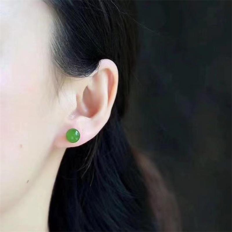 18K Gold Inlaid Hetian Jadeite Stud Earrings for Women - Authentic Jade Round Bead Ear Ornaments 6mm 14K Gold Inlaid