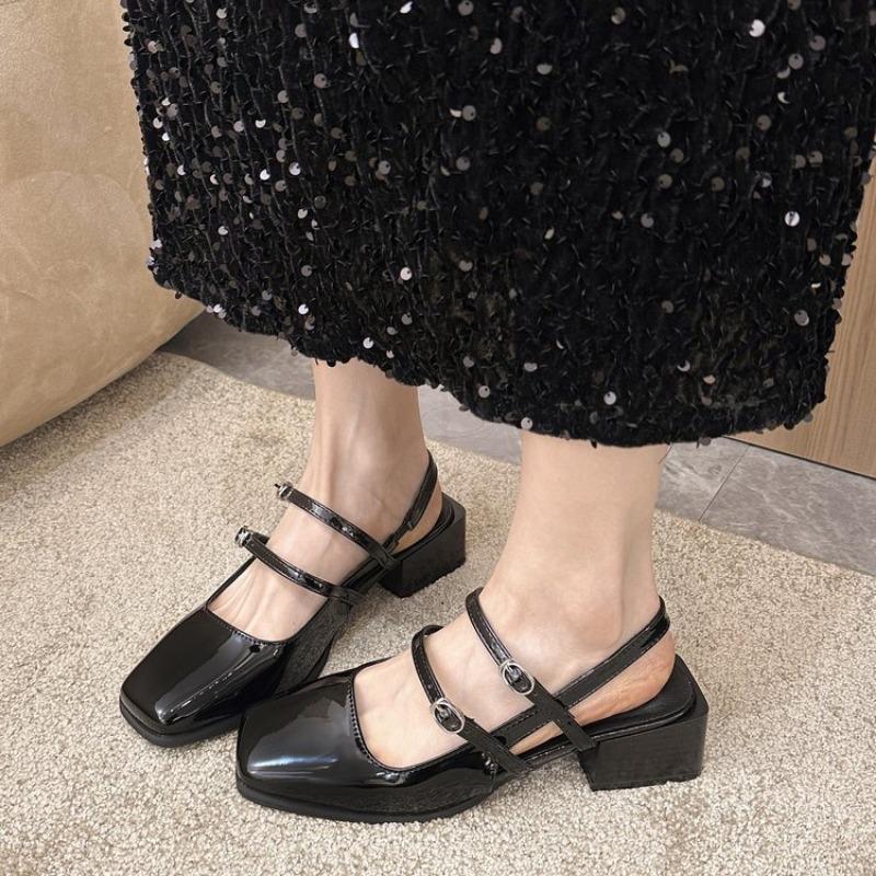 Fashion Fashion Baotou Sandals Spring New Square Head Shallow Mouth Metal Buckle A Line with Soft Sole Non-slip Mid-heel Shoes
