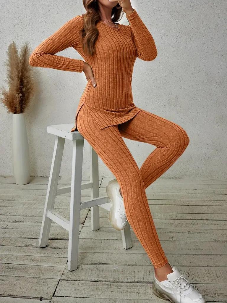 2025 Spring Casual V-Neck Long Sleeve Slit Top & Pants Set