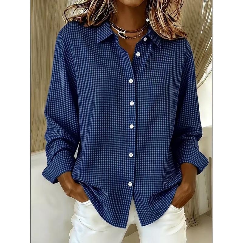 European beautiful women's new versatile lapel long-sleeved plaid shirt European and American four seasons fashion women's clothing