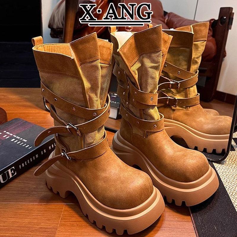 Leather Martin boots Children's belt buckle locomotive boots Thick sole heightening small knight boots Medium boots