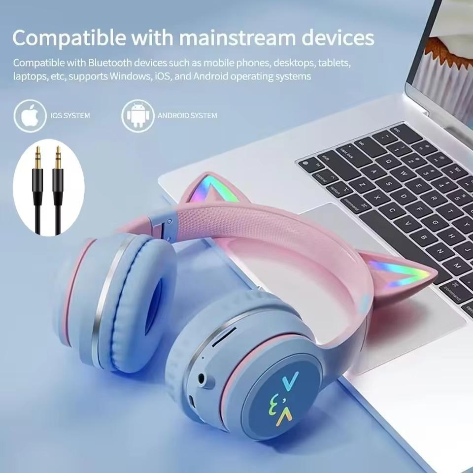 Casque sans fil Bluetooth 5.1 avec oreilles de chat mignonnes, lumières colorées RVB, casque de jeu musical, écouteurs stéréo, cadeaux pour filles et enfants