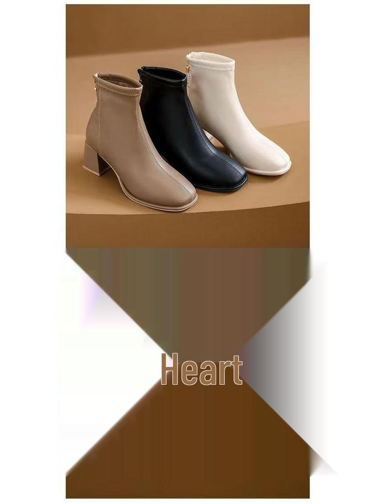 Women's French Soft Leather Ankle Boots, Velvet-Lined, Chunky Heel, Slim Fit, 2025 Autumn/Winter Collection