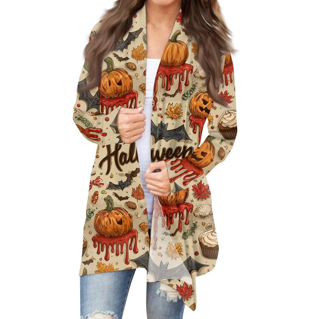 Women's Halloween Print Long Sleeve Front Cardigan Printed Top Lightweight Jacket