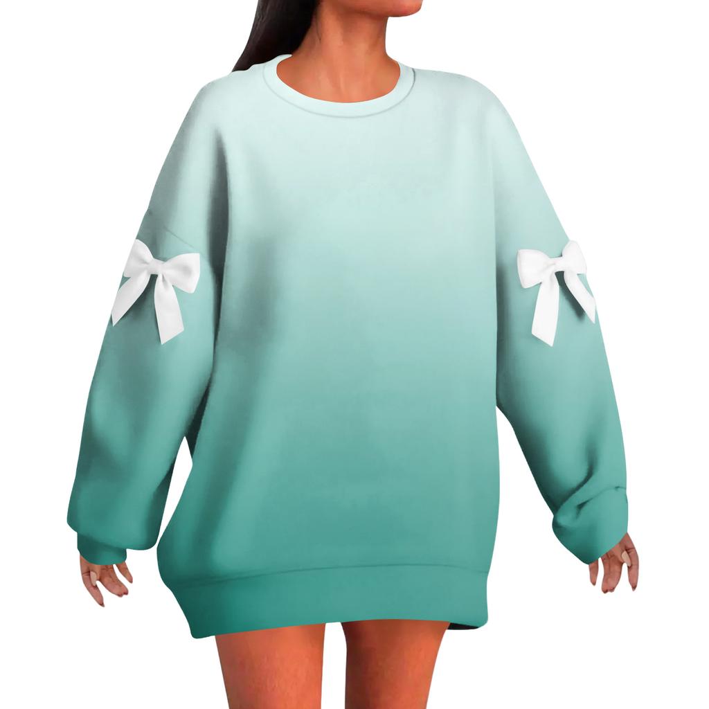 Women's Graduated Print Bow Round Neck Long Sleeve Loose Pullover Sweatshirt T-Shirt