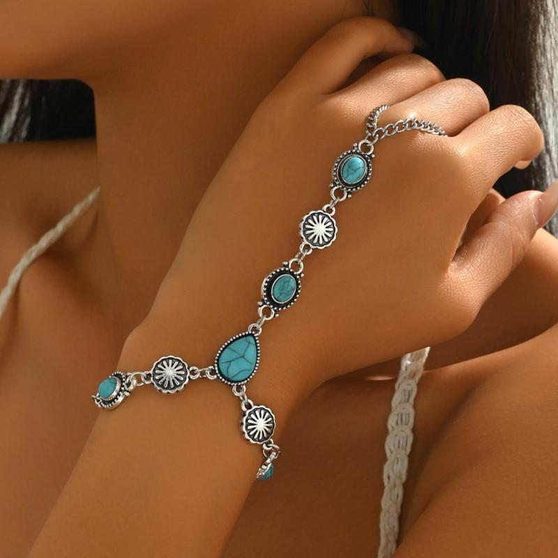 Vintage Ethnic Summer Bohemian Design Bracelet for Women Trendy Oval Cracked Imitation Turquoise Chain Ring Party Jewelry