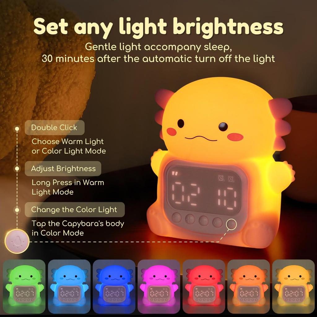 Axolotl Alarm Clock with Night Light for Kids Cute Bedroom Alarm Clock with RGB Lighting OK to Wake Clock Silicone Animal Tabletop Lamp For Teen Girls