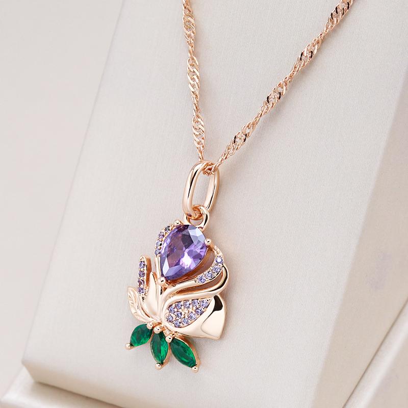 Kienl Vintage Purple Natural Zircon Flower Pendant Necklace High Quality Fine Daily Jewelry Women  Rose Gold Color Necklace