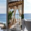 Cortina de Ducha Cabaña de Playa Vista al Mar Terraza de Madera Paraíso Tropical Tejido Impermeable Decoración de Baño Costera