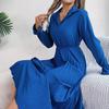 Spring Summer Women Long Sleeve Solid Pleated High Waist A Line V-Neck Long Dress