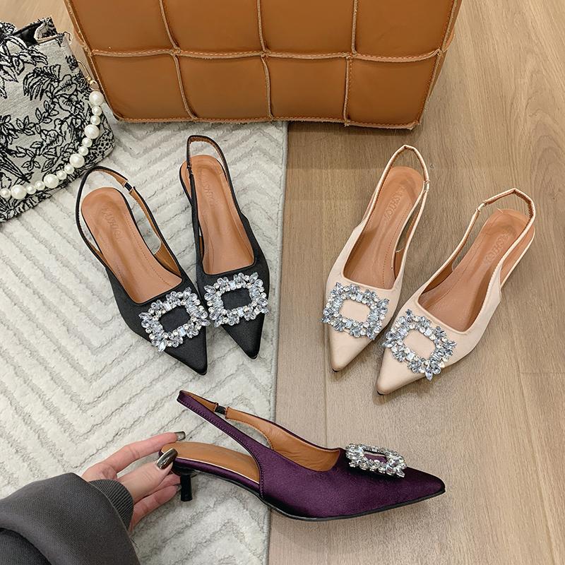 Classic Elegant Slingback Sandals Women Rhinestone Buckle Back Strap Flat Ballet Design High Heel Shoes Brand Mule Office Mujer