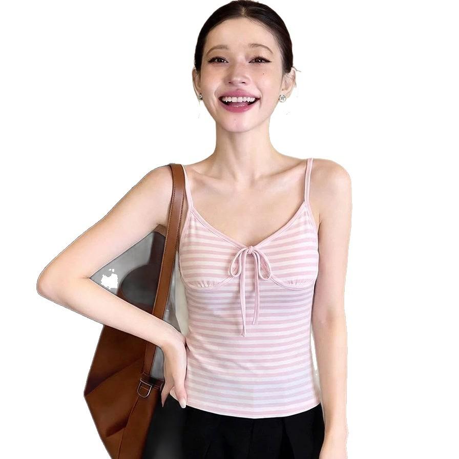 New Korean pink striped V-neck sling vest for women's summer wear, sexy bow lace-up top trendy