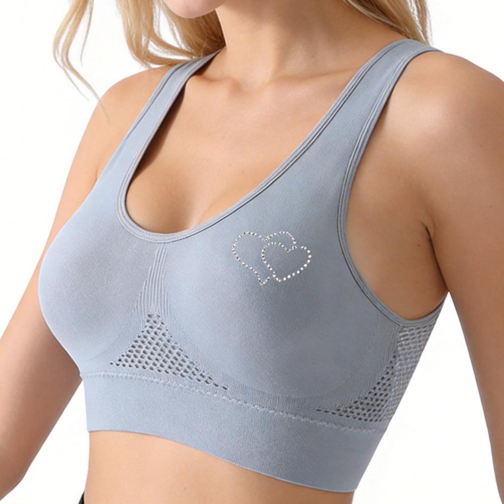 Zeriluna Breathable Mesh Rhinestone Sports Bra Shockproof wide shoulder straps, comfortable fit, seamless inner tank top