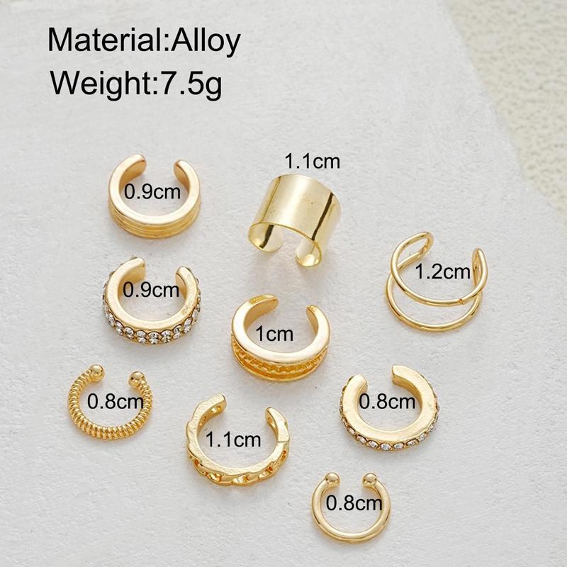 9Pcs/Set Simple Metal Non-Piercing Ear Clip Earrings for Women Shiny CZ Stone Fake Piercing Ear Cuff Daily Wear Party Jewelry