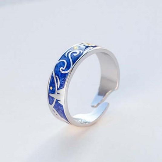 2 Pezzi Design Coppia Van Gogh Notte Stellata Anelli Aperti per Donne Uomini Amanti Eleganti Stelle Blu Luna Anello Regolabile Gioielli