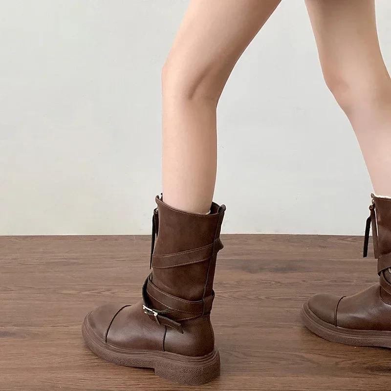 Pleated Buckle Knight Boots for Women Autumn Brown PU Leather Mid Calf Boots Woman Slip-On Thick Heel Riding Botas Mujer 2025