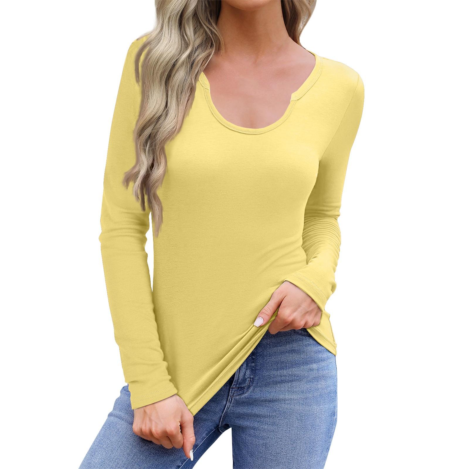 

Женская повседневная модная удобная рубашка с длинным рукавом и U-образным вырезом, повседневная свободная футболка, топы XL жёлтый