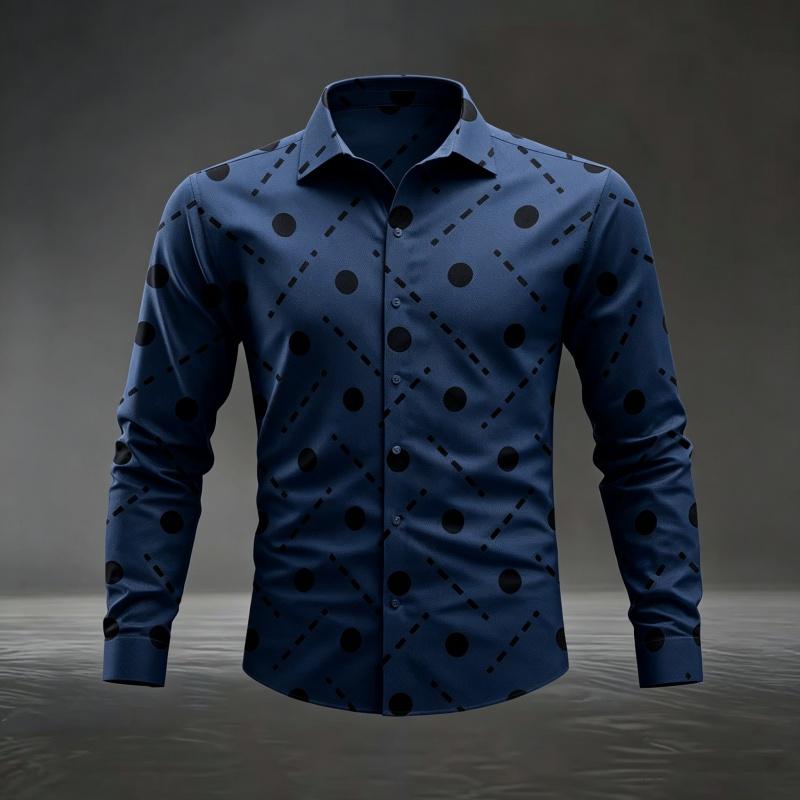 Men's Polka Dot and Dashed Line Print Long Sleeve Shirt Slim Fit Casual Tops