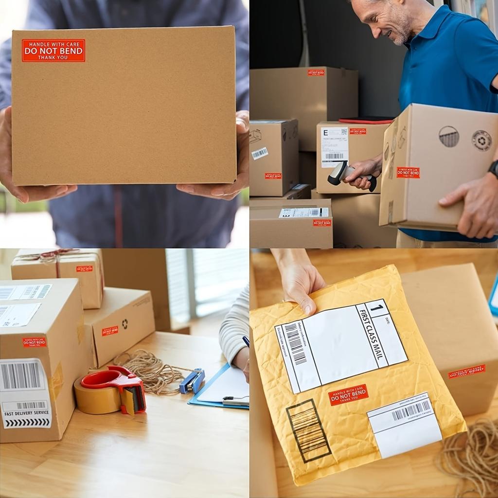 Jedes misst 3 mal 1 Zoll und trägt Nachrichten wie 'Vorsicht', 'Zerbrechlich', 'Nicht knicken', 'Danke' und 'Warnung'. Dies sind permanente Klebstoffe