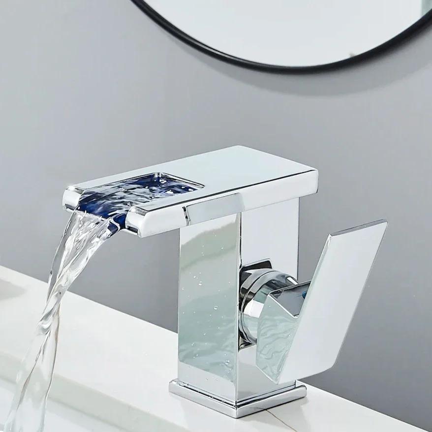 LED Bathroom Sink Faucet Brass Waterfall Faucet BlackBathroom Hot/Cold Mixer Crane Deck Mounted Wash Sink Taps Single Handle Tap