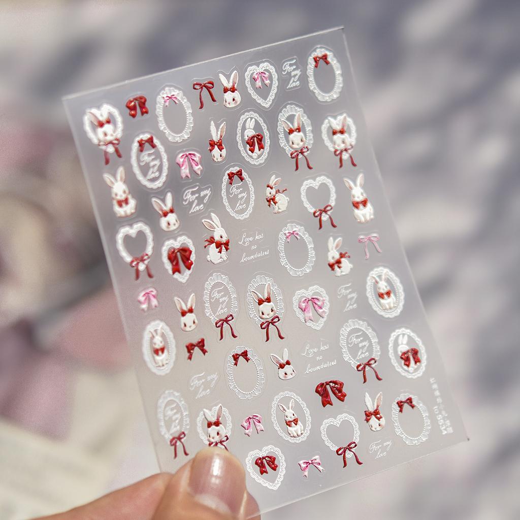 Bows Rabbits Nail Art Stickers 5D Softs Embossed Nail Decorations Stickers Sweet Cartoon Self Adhesive Nail Art Accessory Decal