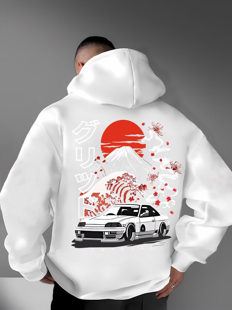 Men'S Casual Japanese-Inspired Mountain & Car Graphic Hoodie - Long Sleeve Pullover with Red Sun, Cherry Blossoms