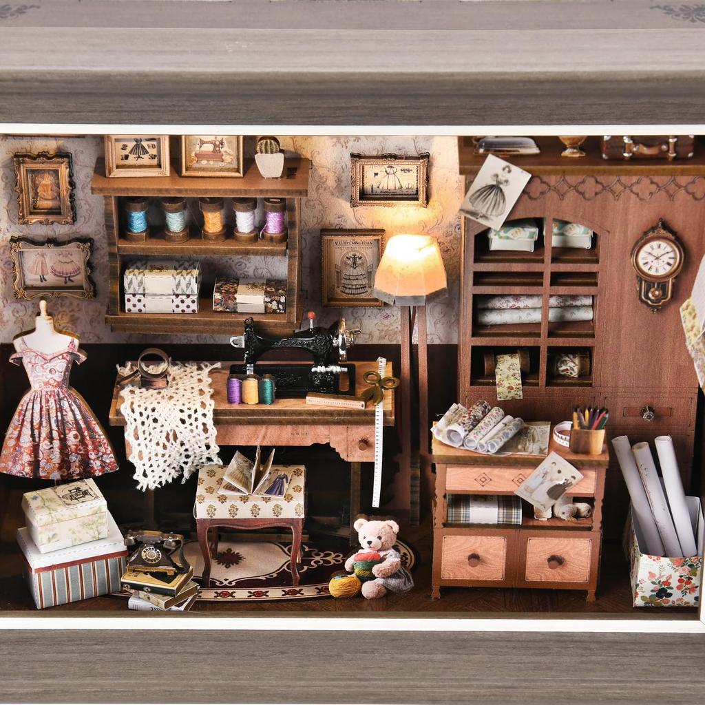 Buchstützen-Set 3D Holzpuzzle mit LED-Schaltersteuerung DIY Miniaturhaus zur Dekoration zum Basteln Puppenhaus Geschenk Nähen - & Wandmontierter Rahmen,