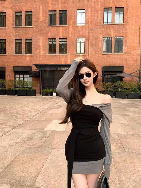 Chill Qiao'er Korean Style Model-Inspired Waist-Cinching Color Block Dress Set