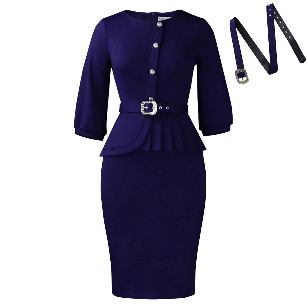 Women's clothing new style temperament elegant commuter round neck seven-quarter sleeve hip dress